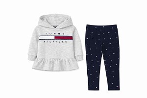 CONJ 2 PÇS MENINA TOMMY HILFIGER BLUSA CINZA BABADO LEGGING AZUL MARINHO