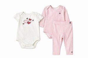 KIT 3 PÇS MENINA TOMMY HILFIGER BODY BEGE CORAÇÃO ROSA LISTRAS MANGA LONGA