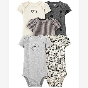 KIT 5 BODYS MENINA CARTERS PRETO BEGE E CINZA FLORAL