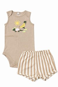 CONJ 2 PÇS MENINO OKIE DOKIE BODY BEGE DINO BERMUDA LISTRAS