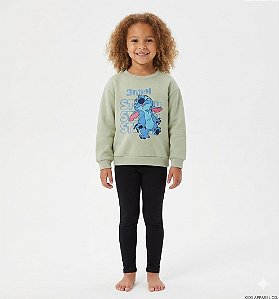 CONJUNTO BLUSA MOLETOM VERDE STITCH E LEGGING PRETA - NACIONAL