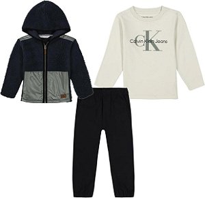 CONJ 3 PÇS MENINO CALVIN KLEIN JAQUETA SHERPA GORRO AZUL