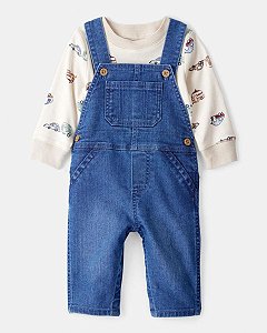 JARDINEIRA MENINO CARTERS JEANS COM CAMISETA BEGE TRANSPORTES