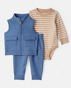 CONJ 3 PÇS MENINO CARTERS COLETE E CALÇA MOLETOM AZUL COM BODY BEGE