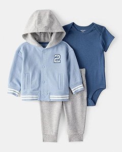 CONJ 3 PÇS MENINO CARTERS JAQUETA AZUL 2 BOTÃO COM CALÇA E BODY