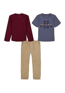 CONJ 3 PÇS MENINO TOMMY HILFIGER CAMISETA MANGA LONGA BORDÔ