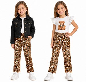 CONJ 3 PÇS MENINA RARE EDITIONS JAQUETA JEANS LEGGING LEOPARDO