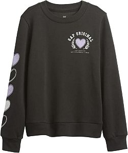 BLUSA MOLETOM MENINA GAP PRETA LOGO LILÁS CORAÇÃO FORRADA FLEECE