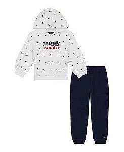 CONJ 2 PÇS MENINA TOMMY HILFIGER MOLETOM BRANCO LOGO CALÇA AZUL MARINHO