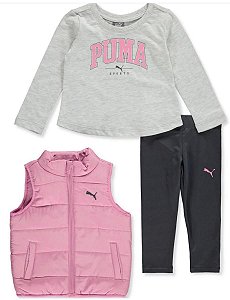 CONJ 3 PÇS MENINA PUMA COLETE ROSA LEGGING E CAMISETA CINZA