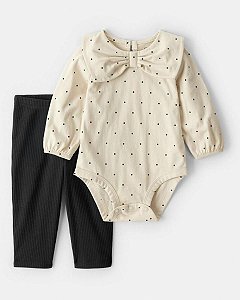 CONJ 2 PÇS MENINA CARTERS BODY POÁ LAÇO CALÇA PRETA CANELADA
