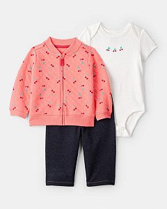CONJ 3 PÇS MENINA CARTERS JAQUETA CEREJA CALÇA JEANS FAKE