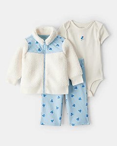 CONJ 3 PÇS MENINA CARTERS JAQUETA SHERPA BEGE COM FLORES AZUL