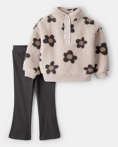 CONJ 2 PÇS MENINA CARTERS BLUSA SHERPA BEGE FLORES BOTÃO COM LEGGING