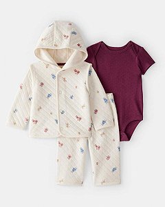 CONJ 3 PÇS MENINA CARTERS JAQUETA E CALÇA BEGE FLOR BODY BORDÔ