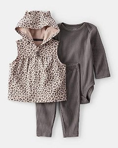 CONJ 3 PÇS MENINA CARTERS COLETE LEOPARDO BODY E CALÇA CANELADO