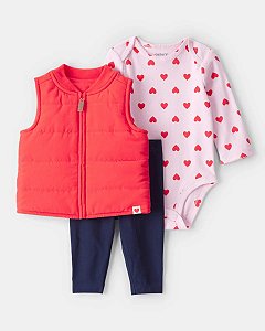 CONJ 3 PÇS MENINA CARTERS COLETE VERMELHO BODY CORAÇÃO