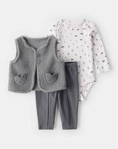 CONJ 3 PÇS MENINA CARTERS COLETE SHERPA CINZA BOLSO CORAÇÃO