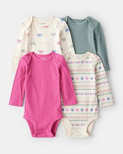 KIT 4 BODYS MENINA CARTERS PINK E VERDE MANGA LONGA CANELADO