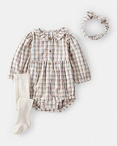BODY MENINA CARTERS XADREZ COM MEIA CALÇA E LAÇO
