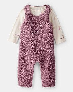 JARDINEIRA MENINA CARTERS SHERPA ROXO URSO COM CAMISETA MANGA LONGA