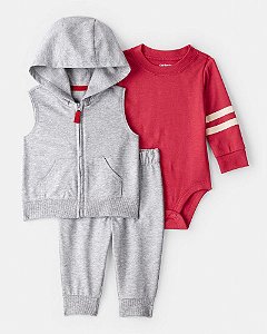 CONJ 3 PÇS MENINO CARTERS JAQUETA E CALÇA CINZA BODY VERMELHO