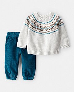 CONJ 2 PÇS CARTERS BLUSA CINZA LÃ GEOMÉTRICO CALÇA VERDE VELUDO