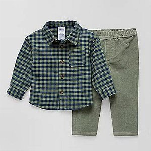 CONJ 2 PÇS OKIE DOKIE MENINO CAMISA XADREZ FLANELA CALÇA VERDE VELUDO