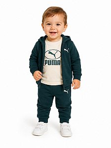 CONJ 3 PÇS MENINO PUMA VERDE JAQUETA E CALÇA MOLETOM COM CAMISETA