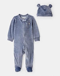 MACACÃO BEBE CARTERS VELUDO LISTRADO COM PÉZINHO