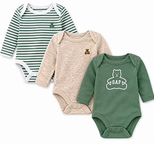 KIT 3 BODYS MANGA LONGA BABY GAP VERDE URSO