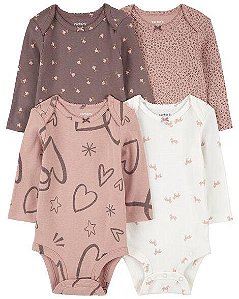 KIT 4 BODYS MENINA CARTERS MARROM FLOR MANGA LONGA