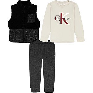CONJ 3 PÇS CALVIN KLEIN COLETE SHERPA PRETO COM CALÇA E CAMISETA