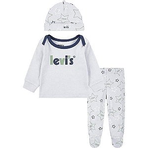 CONJ 3 PÇS LEVIS MENINO BODY CINZA CALÇA E TOUCA