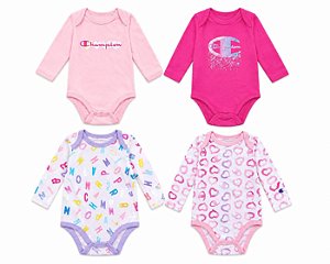 KIT 4 BODYS MENINA CHAMPION CORAÇÃO ROSA