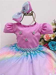 VESTIDO INFANTIL LILÁS BOLINHAS PRINCESA SOFIA CINTO PÉROLAS