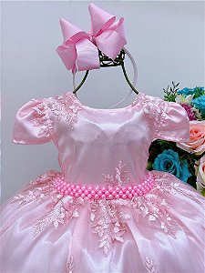 Vestido Infantil Rosa C/ Renda Strass e Pérolas Princesas