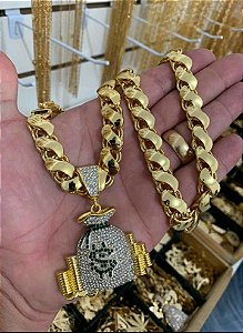 Cordão Mc Poze + Pingente Saco de Dinheiro Cravejado