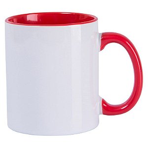 Caneca de Porcelana Branca com Interior, Alça e Borda Vermelha