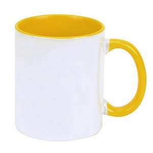 Caneca de Porcelana Branca com Interior, Alça e Borda Amarela