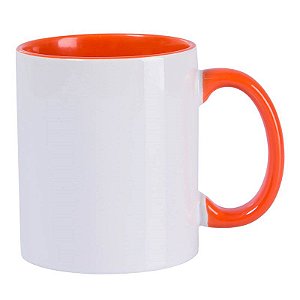 Caneca de Porcelana Branca com Interior, Alça e Borda Laranja