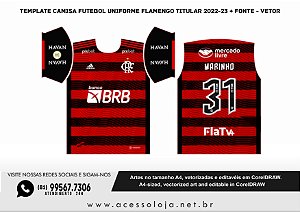 Template Camisa Futebol Uniforme Flamengo Titular 2022-23 + Fonte - Vetor