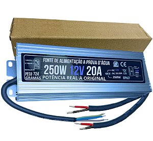 Fonte BLINDADA 250W 12V 20A IP67 Prova Dagua Premium 110V-220V Alimentação P/ LEDs 12Volts