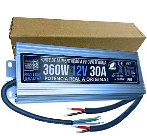 Fonte 100% Blindada 360W 12V 30A Bivolt IP67 Prova Dagua Premium Alimentação 350W 12Volts P/ LEDs Cftv