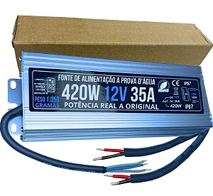 Fonte 100% Blindada 420W 12V 35A Bivolt IP67 Prova Dagua Premium Alimentação 400W 12Volts P/ LEDs Cftv