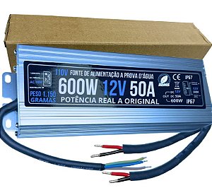 Fonte 100% Blindada 600W 12V 50A AC-110V IP67 Prova Dagua Premium Alimentação 12Volts P/ LEDs Cftv
