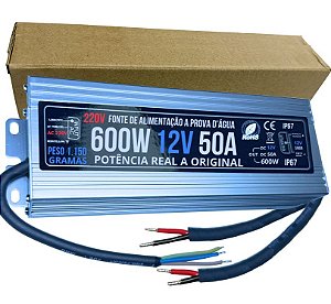 Fonte 100% Blindada 600W 12V 50A AC-220V IP67 Prova Dagua Premium Alimentação 12Volts P/ LEDs Cftv