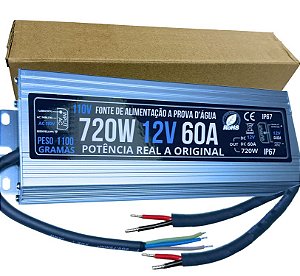 Fonte 100% Blindada 720W 12V 60A AC-110V IP67 Prova Dagua Premium Alimentação 700W 12Volts P/ LEDs Cftv