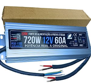 Fonte 100% Blindada 720W 12V 60A AC-220V IP67 Prova Dagua Premium Alimentação 700W 12Volts P/ LEDs Cftv