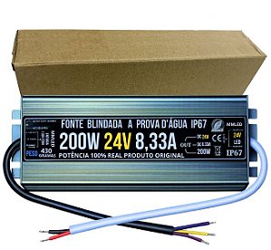 FONTE BLINDADA 200W 8,33A 24V A PROVA D'AGUA Alimentação 110V-220V Para LEDs / CFTV 24Volts 200Watts 8,33Amperes IP67